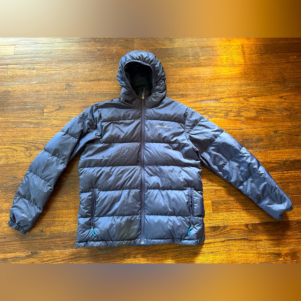 Eddie Bauer Hooded Down Puffy Jacket Navy Men Large
